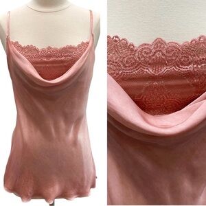 Satin Cowl Neck Spaghetti Strap Blouse With Lace Underlay